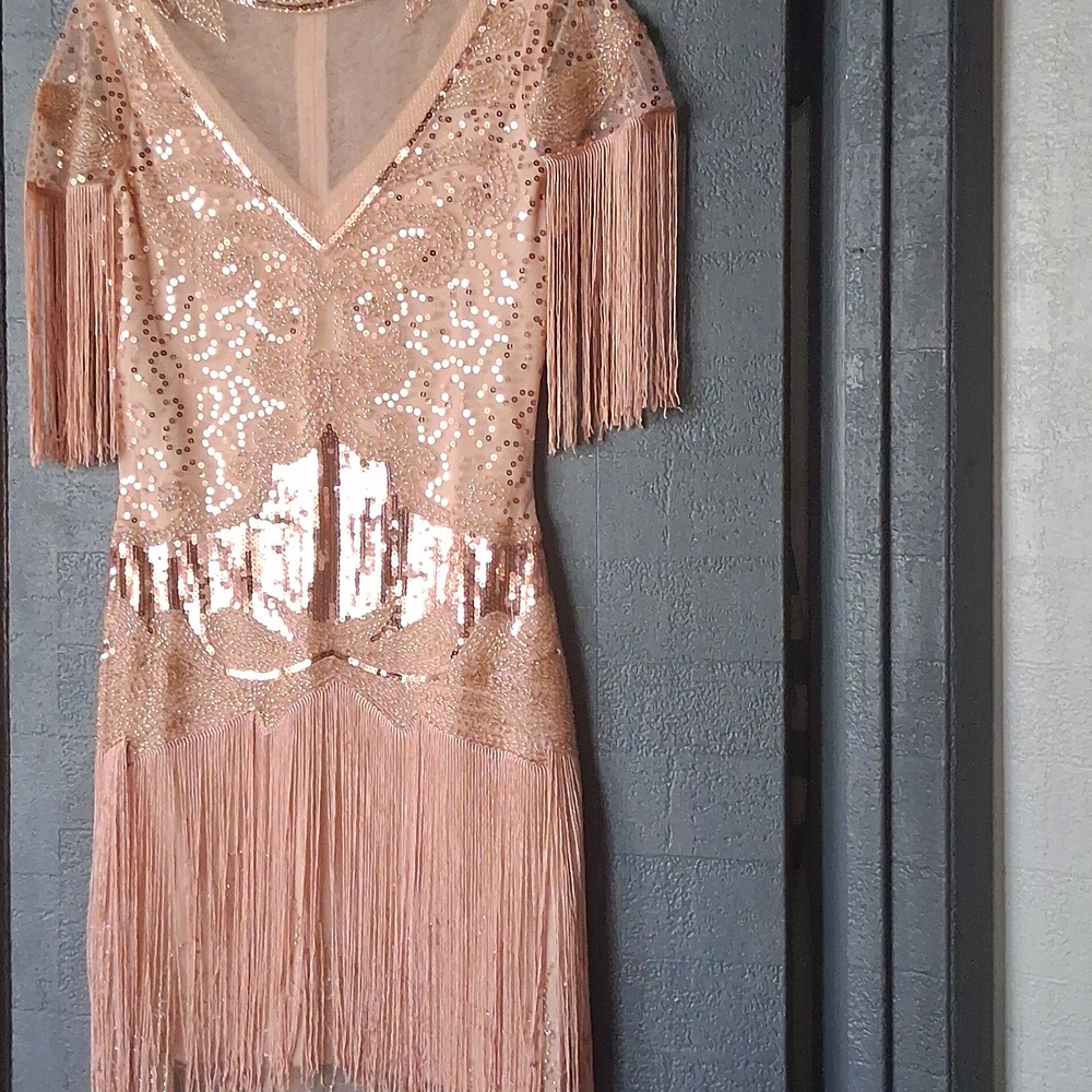 Sequin Fringe Dress in Apricot
